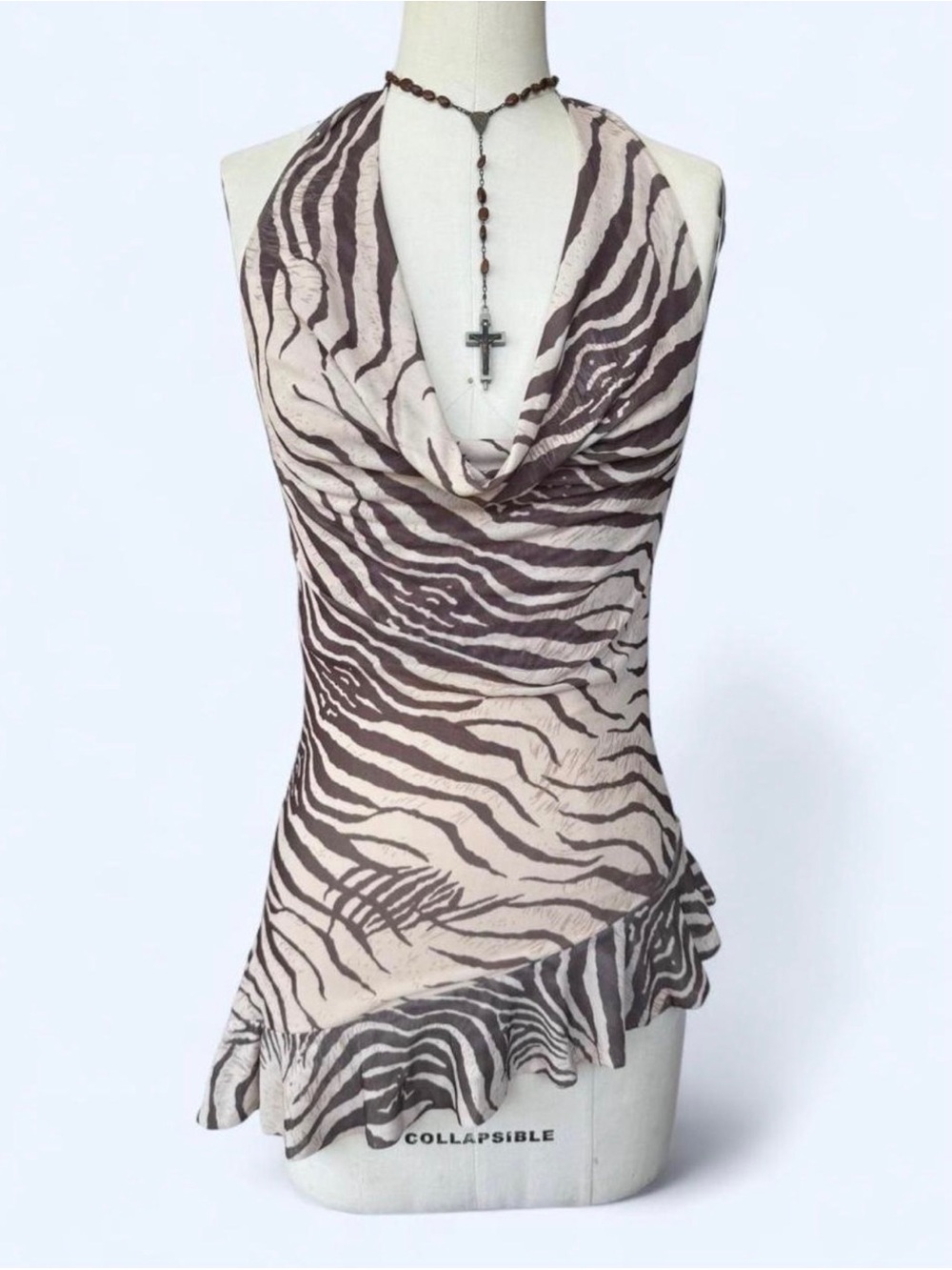 Zebra Print Halter Cowl Neck Top in Beige & Brown